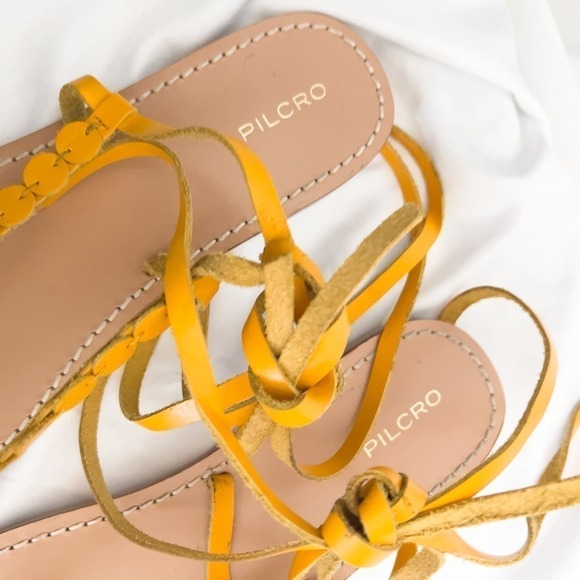 Anthropologie Pilcro Yellow Leather Thong Lace Up Sandals 8 Yellow Boho Summer - Picture 3 of 6